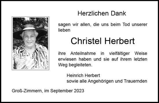 Traueranzeige von Christel Herbert von Dieburger Anzeiger/Groß-Zimmerner Lokal-Anzeiger