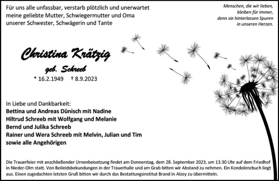 Traueranzeige von Christina Krätzig von Allgemeine Zeitung Alzey