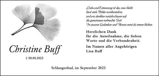 Traueranzeige von Christine Buff von Wiesbadener Kurier