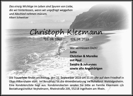 Traueranzeige von Christoph Kleemann von Allgemeine Zeitung Bingen/Ingelheim