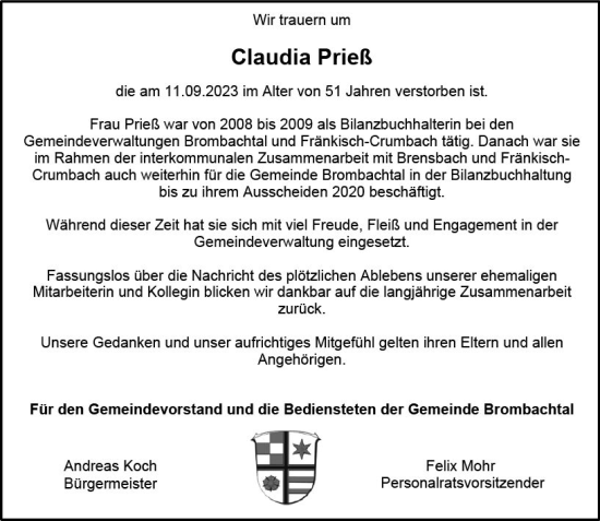 Traueranzeige von Claudia Frieß von Odenwälder Echo