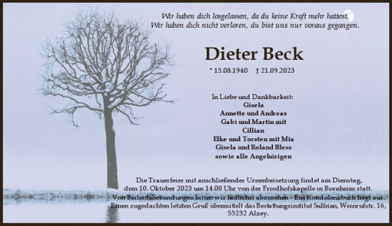 Traueranzeige von Dieter Beck von Allgemeine Zeitung Alzey