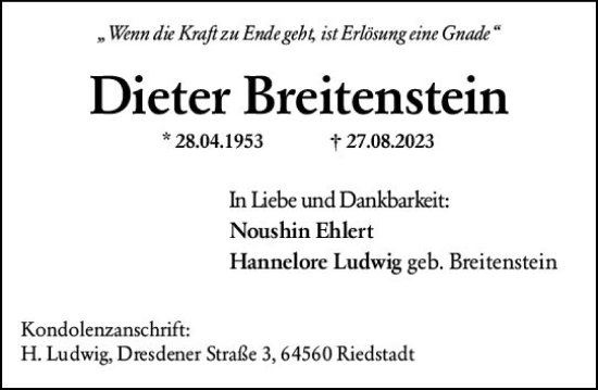 Traueranzeige von Dieter Breitenstein von Wiesbadener Kurier