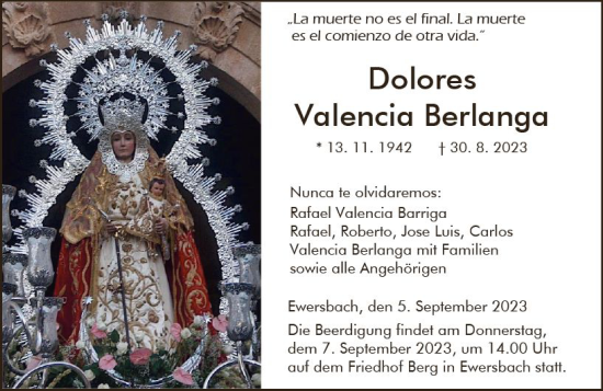 Traueranzeige von Dolores Valencia Berlanga von Dill Block