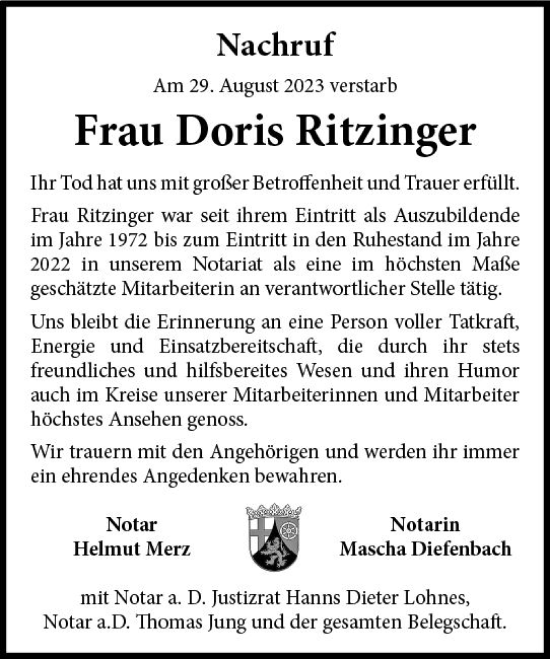 Traueranzeige von Doris Ritzinger von Allgemeine Zeitung Mainz