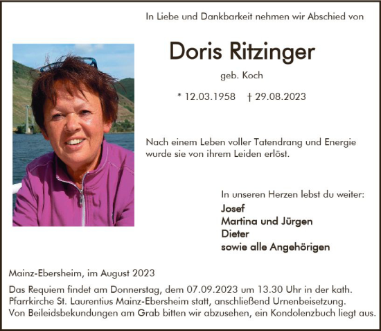 Traueranzeige von Doris Ritzinger von Allgemeine Zeitung Mainz