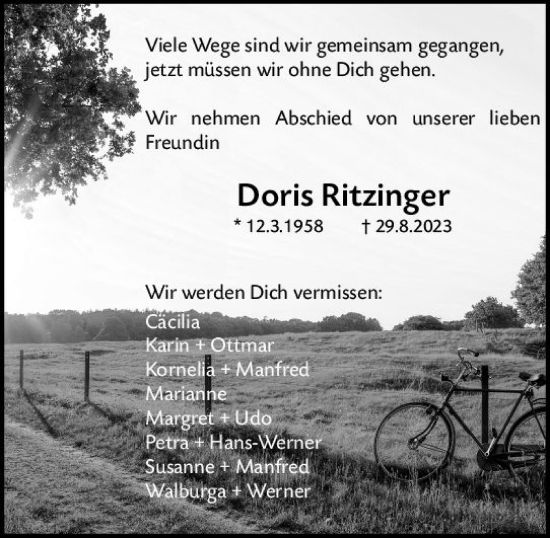 Traueranzeige von Doris Ritzinger von Allgemeine Zeitung Mainz