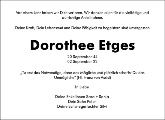 Traueranzeige von Dorothee Etges von Wiesbadener Kurier
