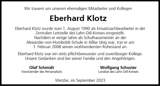 Traueranzeige von Eberhard Klotz von Wetzlarer Neue Zeitung