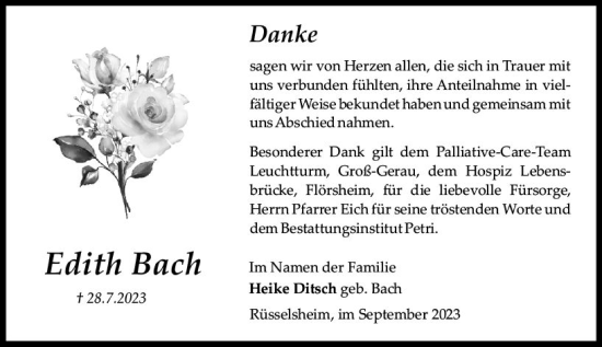 Traueranzeige von Edith Bach von Rüsselsheimer Echo