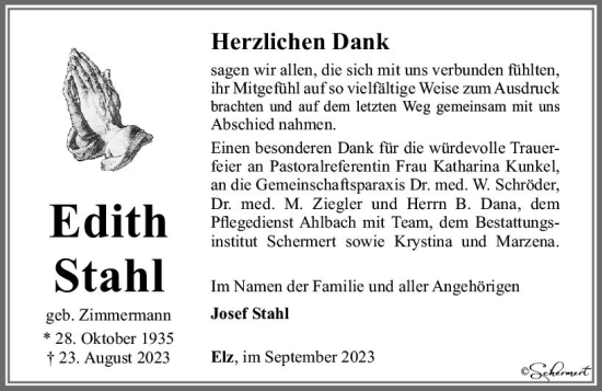 Traueranzeige von Edith Stahl von Nassauische Neue Presse