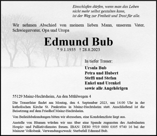 Traueranzeige von Edmund Bub von Allgemeine Zeitung Mainz