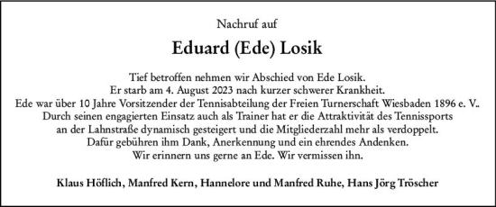 Traueranzeige von Eduard  Losik von Wiesbadener Kurier