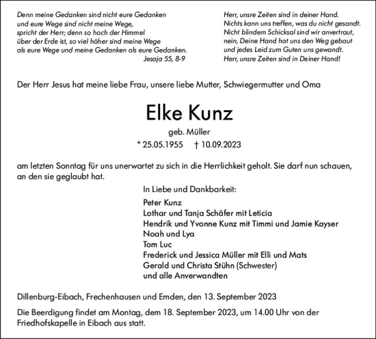 Traueranzeige von Elke Kunz von Dill Block