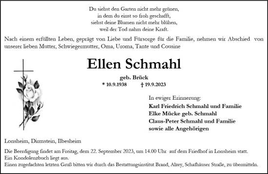 Traueranzeige von Ellen Schmahl von Allgemeine Zeitung Alzey
