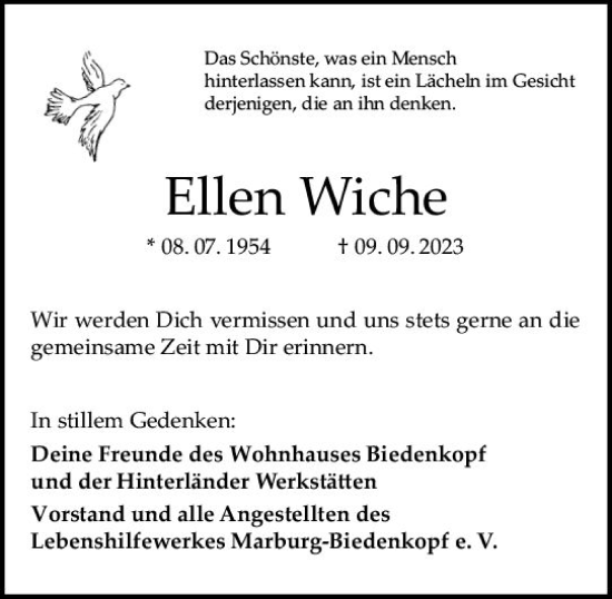 Traueranzeige von Ellen Wiche von Hinterländer Anzeiger
