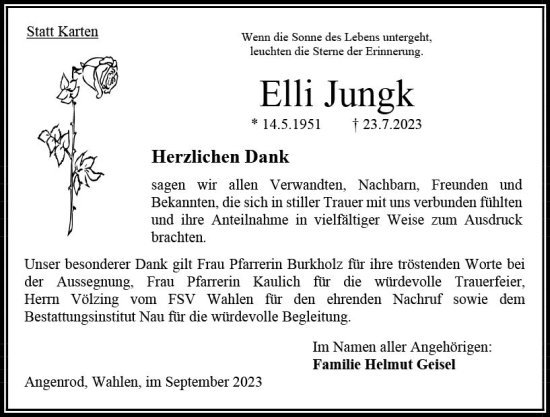 Traueranzeige von Elli Jungk von Oberhessen Kurier
