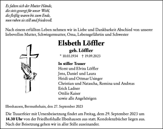 Traueranzeige von Elsbeth Löffler von VRM Trauer