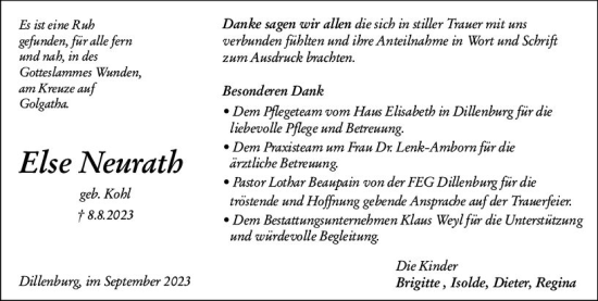 Traueranzeige von Else Neurath von Dill Block