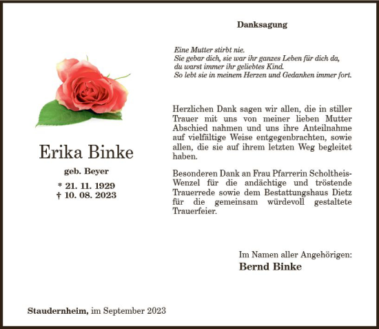 Traueranzeige von Erika Binke von Allgemeine Zeitung Bad Kreuznach