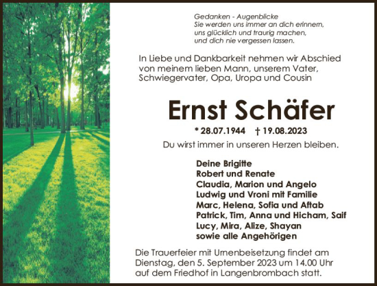 Traueranzeige von Ernst Schäfer von Odenwälder Echo