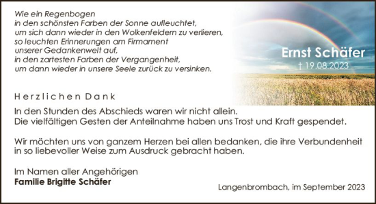 Traueranzeige von Ernst Schäfer von Odenwälder Echo