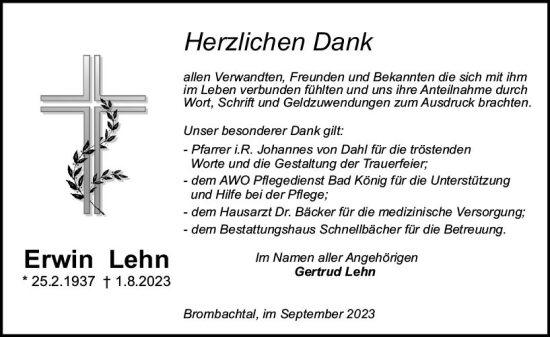 Traueranzeige von Erwin Lehn von Odenwälder Echo