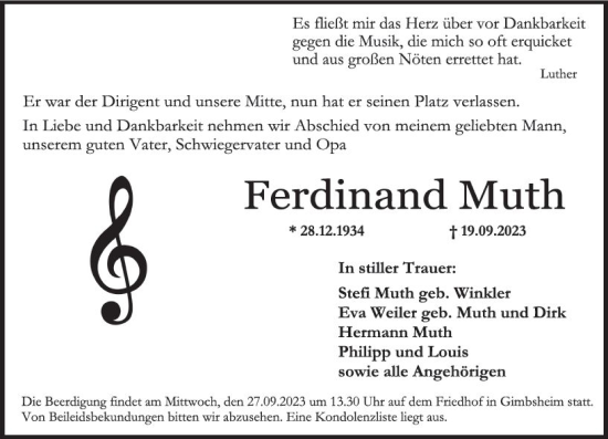 Traueranzeige von Ferdinand Muth von Wormser Zeitung