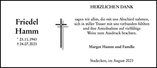 Traueranzeige von Friedel Hamm von Allgemeine Zeitung Mainz