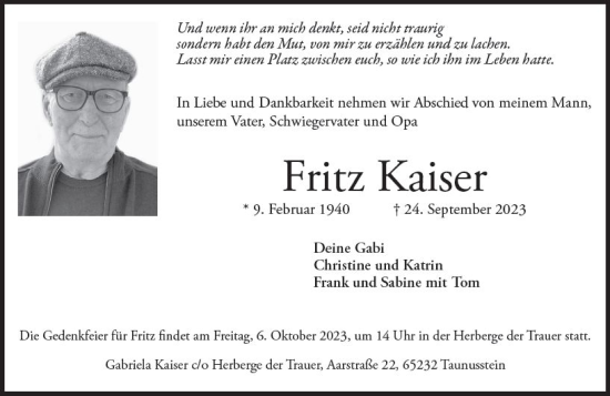 Traueranzeige von Fritz Kaiser von Wiesbadener Kurier