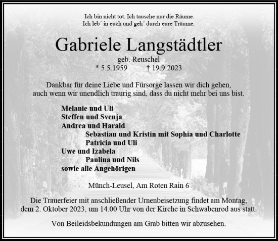Traueranzeige von Gabriele Langstädtler von VRM Trauer