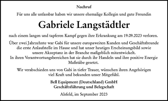 Traueranzeige von Gabriele Langstädtler von VRM Trauer