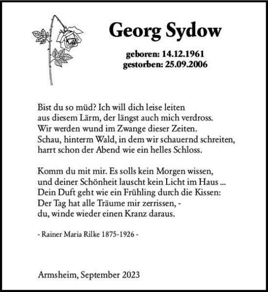 Traueranzeige von Georg Sydow von Allgemeine Zeitung Alzey