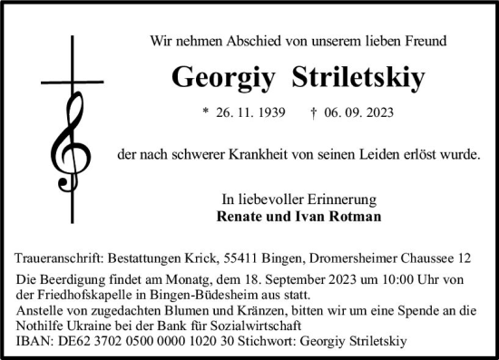 Traueranzeige von Georgiy Striletskiy von Allgemeine Zeitung Bingen/Ingelheim