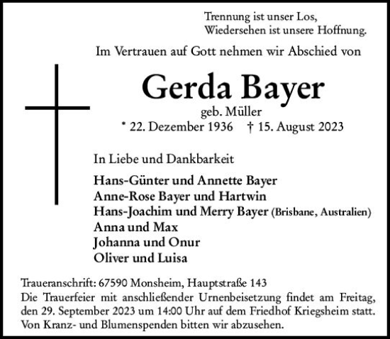 Traueranzeige von Gerda Bayer von Wormser Zeitung