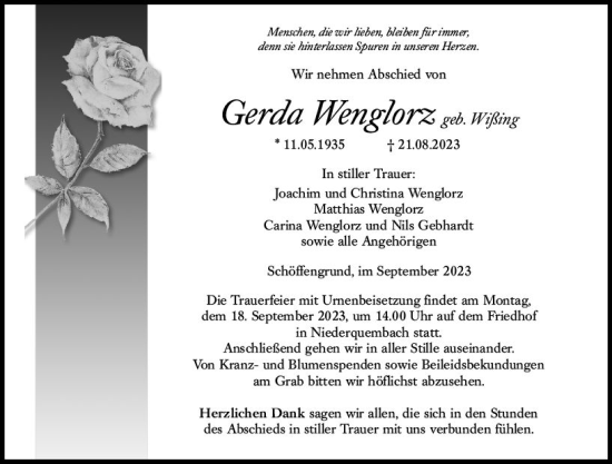 Traueranzeige von Gerda Wenglorz von Wetzlarer Neue Zeitung