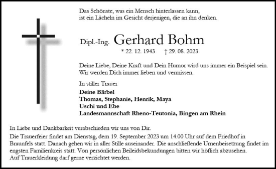 Traueranzeige von Gerhard Bohm von Wetzlarer Neue Zeitung