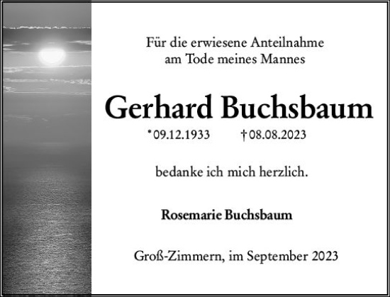 Traueranzeige von Gerhard Buchsbaum von Dieburger Anzeiger/Groß-Zimmerner Lokal-Anzeiger
