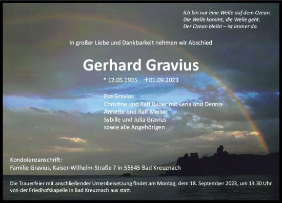 Traueranzeige von Gerhard Gravius von Allgemeine Zeitung Bad Kreuznach
