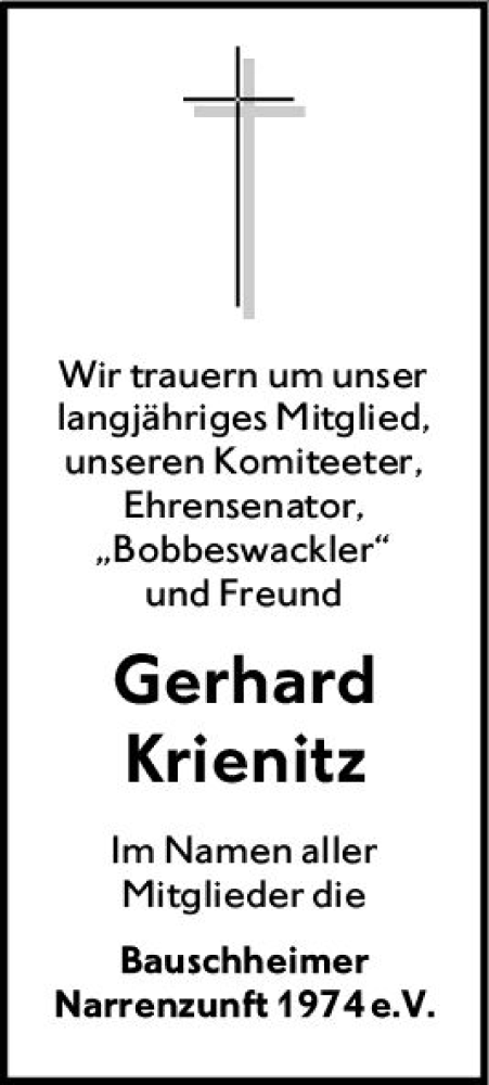 Traueranzeige von Gerhard Krienitz von Rüsselsheimer Echo