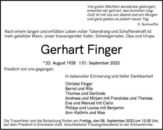 Traueranzeige von Gerhart Finger von Allgemeine Zeitung Mainz