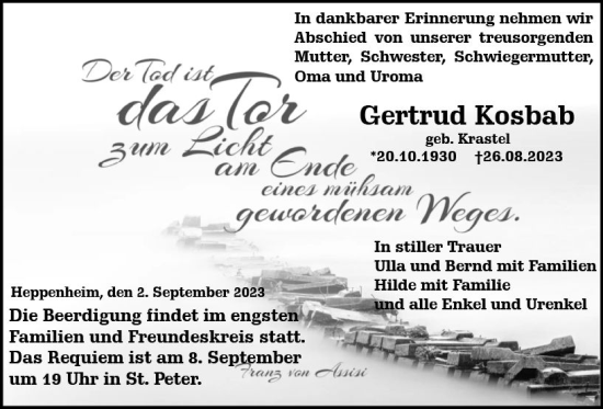 Traueranzeige von Gertrud Kosbab von Starkenburger Echo