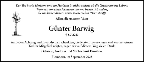 Traueranzeige von Günter Barwig von Allgemeine Zeitung Alzey