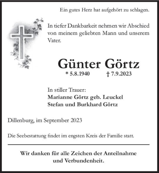 Traueranzeige von Günter Görtz von Dill Block