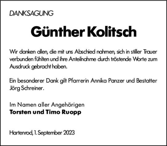 Traueranzeige von Günther Kolitsch von Hinterländer Anzeiger