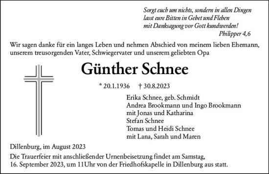 Traueranzeige von Günther Schnee von Dill Block