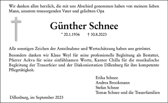 Traueranzeige von Günther Schnee von Dill Block