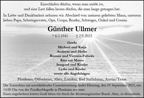 Traueranzeige von Günther Ullmer von Allgemeine Zeitung Alzey