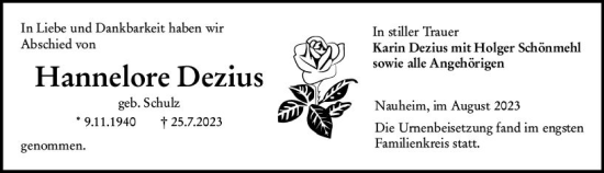 Traueranzeige von Hannelore Dezius von Rüsselsheimer Echo