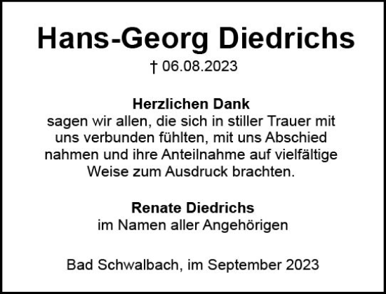 Traueranzeige von Hans-Georg Diedrichs von Idsteiner Land/Untertaunus